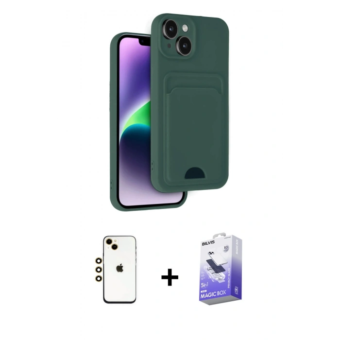 MARSİLYAN™- iPhone 14 Kılıf Vadi Çizgi Prime - Siyah Bilvis 5in1 5D Magic Hayalet Cam Ekran Koruyucu + Shine Kamera Lens - GD