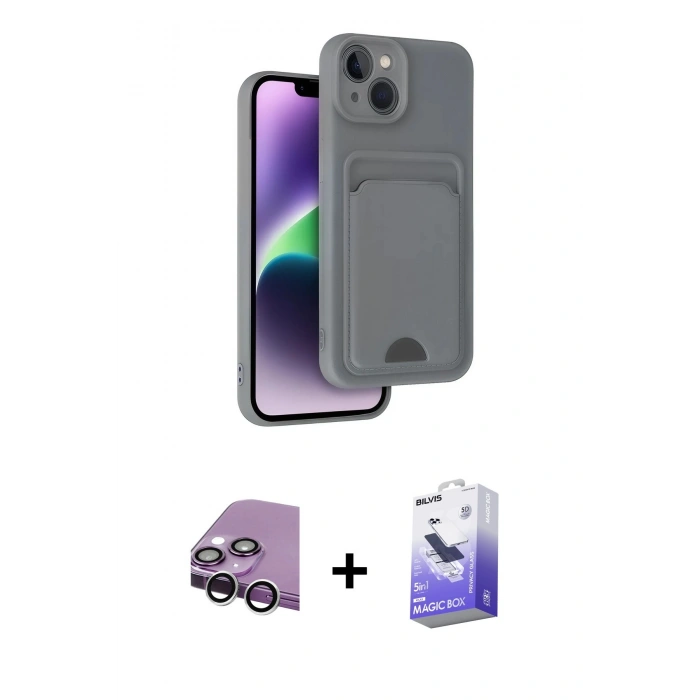 MARSİLYAN™- iPhone 14 Kılıf Vadi Çizgi Prime - Siyah Bilvis 5in1 5D Magic Hayalet Cam Ekran Koruyucu + Raze Metal Kamera Lens - GS