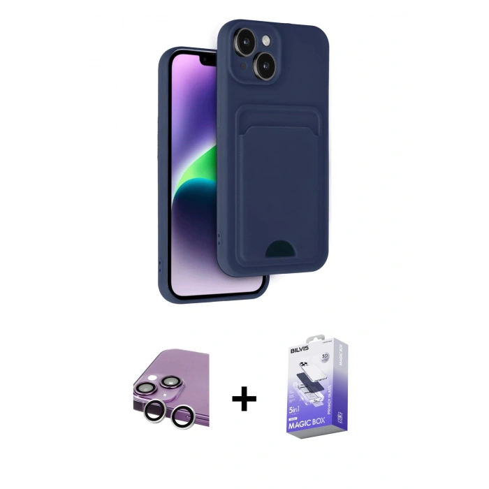 MARSİLYAN™- iPhone 14 Kılıf Vadi Çizgi Prime - Siyah Bilvis 5in1 5D Magic Hayalet Cam Ekran Koruyucu + Raze Metal Kamera Lens - GS