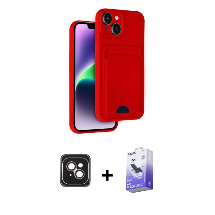 MARSİLYAN™- iPhone 14 Kılıf Vadi Çizgi Prime - Siyah Bilvis 5in1 5D Magic Hayalet Cam Ekran Koruyucu + PVD Metal Kamera Lens - PE