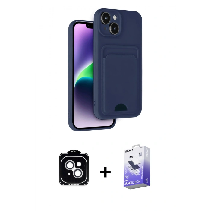 MARSİLYAN™- iPhone 14 Kılıf Vadi Çizgi Prime - Siyah Bilvis 5in1 5D Magic Hayalet Cam Ekran Koruyucu + PVD Metal Kamera Lens - GS