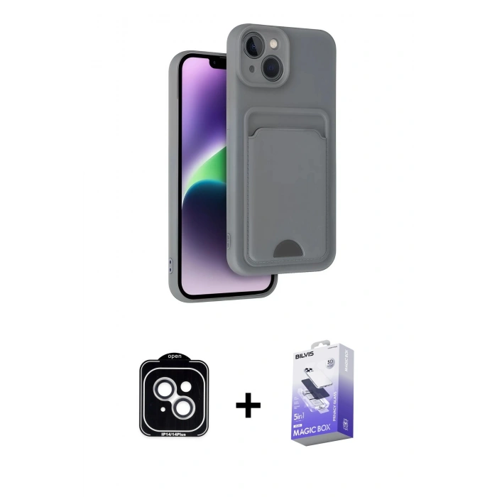 MARSİLYAN™- iPhone 14 Kılıf Vadi Çizgi Prime - Siyah Bilvis 5in1 5D Magic Hayalet Cam Ekran Koruyucu + PVD Metal Kamera Lens - GS