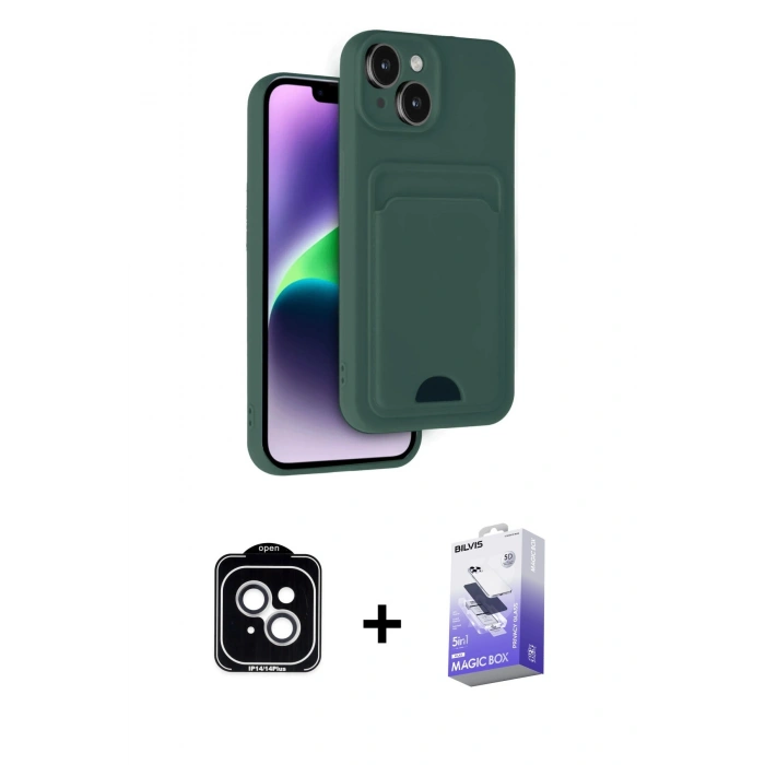 MARSİLYAN™- iPhone 14 Kılıf Vadi Çizgi Prime - Siyah Bilvis 5in1 5D Magic Hayalet Cam Ekran Koruyucu + PVD Metal Kamera Lens - GS