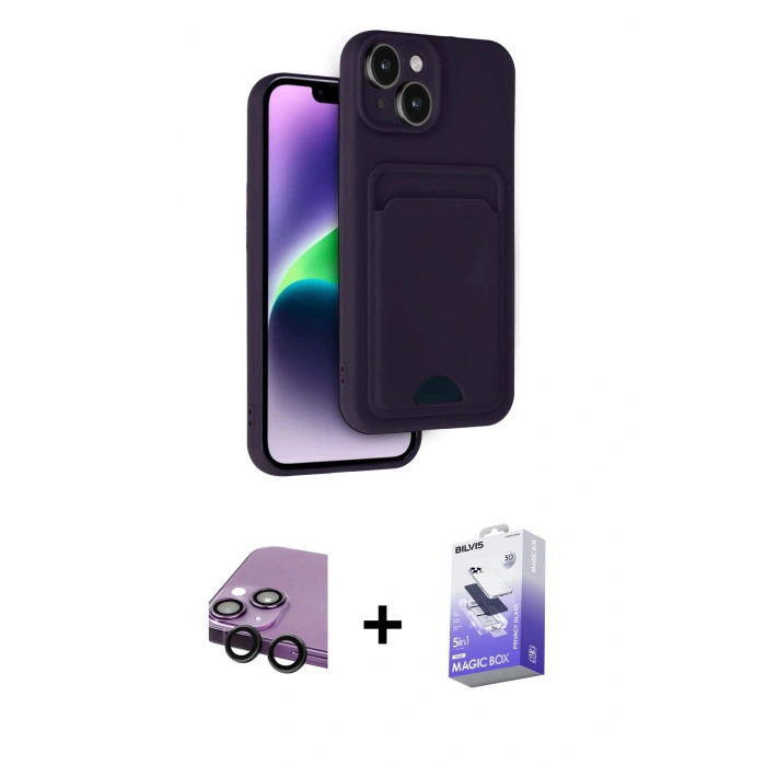 MARSİLYAN™- iPhone 14 Kılıf Vadi Çizgi Prime - Siyah Bilvis 5in1 5D Magic Hayalet Cam Ekran Koruyucu + Raze Metal Kamera Lens - SH