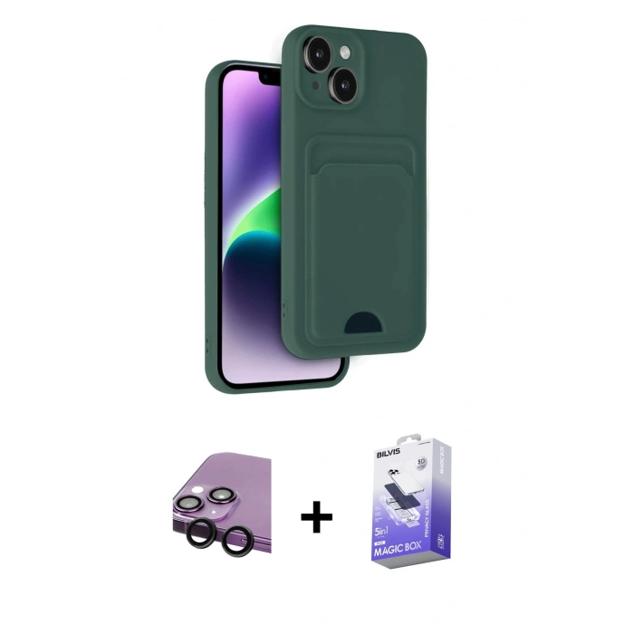 MARSİLYAN™- iPhone 14 Kılıf Vadi Çizgi Prime - Siyah Bilvis 5in1 5D Magic Hayalet Cam Ekran Koruyucu + Raze Metal Kamera Lens - SH