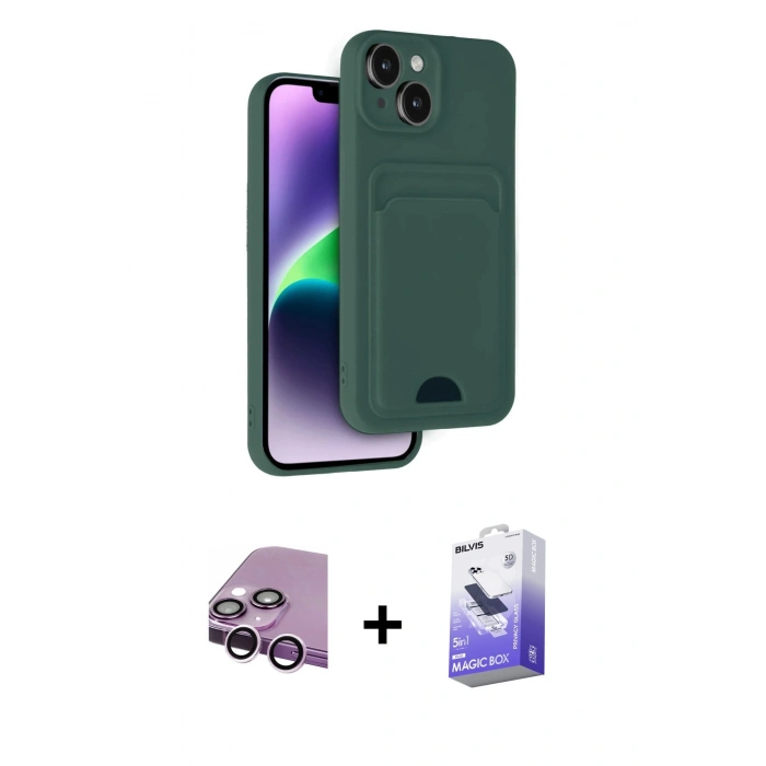 MARSİLYAN™- iPhone 14 Kılıf Vadi Çizgi Prime - Siyah Bilvis 5in1 5D Magic Hayalet Cam Ekran Koruyucu + Raze Metal Kamera Lens - MR