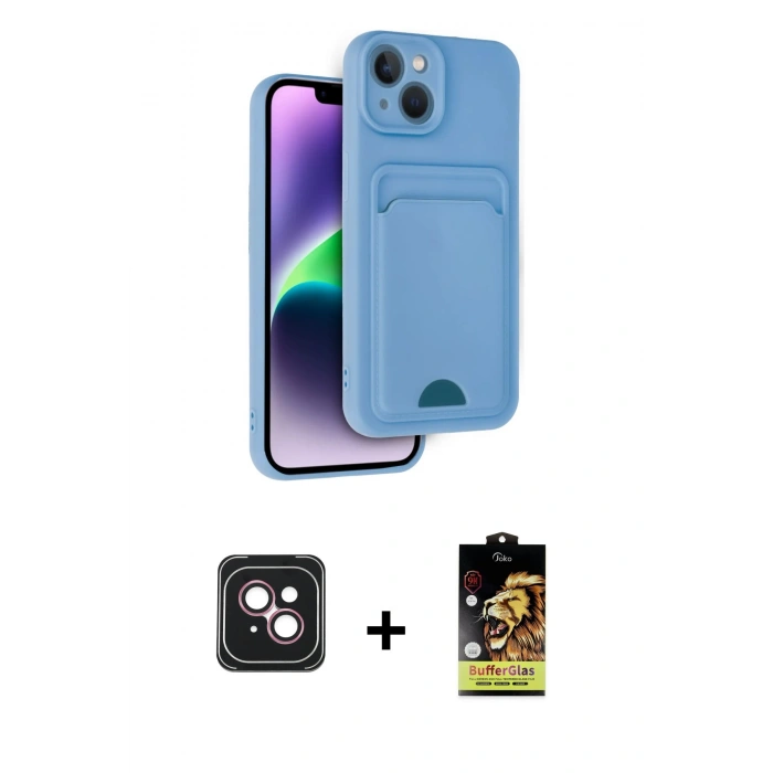 MARSİLYAN™- iPhone 14 Kılıf Vadi Çizgi Prime - Siyah Buffer Cam Ekran Koruyucu + PVD Metal Kamera Lens - PE