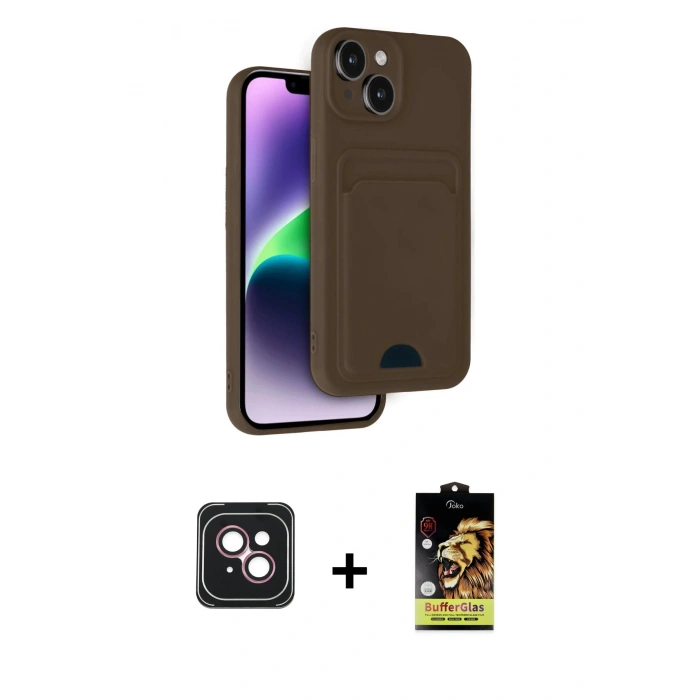 MARSİLYAN™- iPhone 14 Kılıf Vadi Çizgi Prime - Siyah Buffer Cam Ekran Koruyucu + PVD Metal Kamera Lens - PE