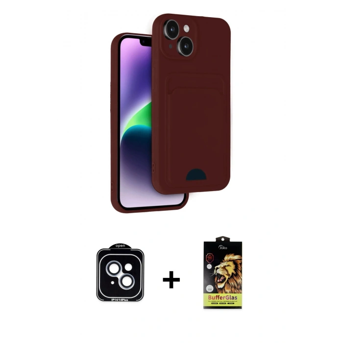 MARSİLYAN™- iPhone 14 Kılıf Vadi Çizgi Prime - Siyah Buffer Cam Ekran Koruyucu + PVD Metal Kamera Lens - MI