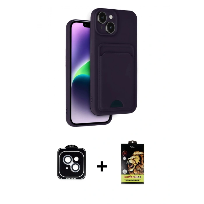 MARSİLYAN™- iPhone 14 Kılıf Vadi Çizgi Prime - Siyah Buffer Cam Ekran Koruyucu + PVD Metal Kamera Lens - MI