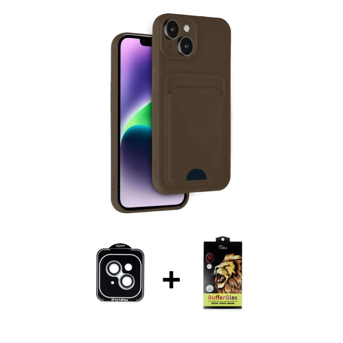 MARSİLYAN™- iPhone 14 Kılıf Vadi Çizgi Prime - Siyah Buffer Cam Ekran Koruyucu + PVD Metal Kamera Lens - MI