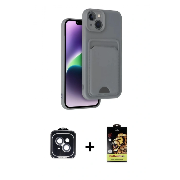 MARSİLYAN™- iPhone 14 Kılıf Vadi Çizgi Prime - Siyah Buffer Cam Ekran Koruyucu + PVD Metal Kamera Lens - SH