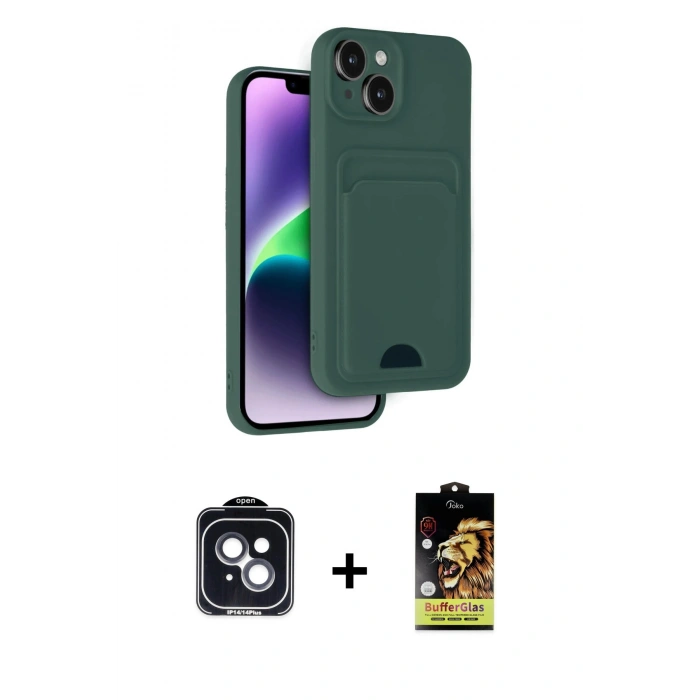 MARSİLYAN™- iPhone 14 Kılıf Vadi Çizgi Prime - Siyah Buffer Cam Ekran Koruyucu + PVD Metal Kamera Lens - SH