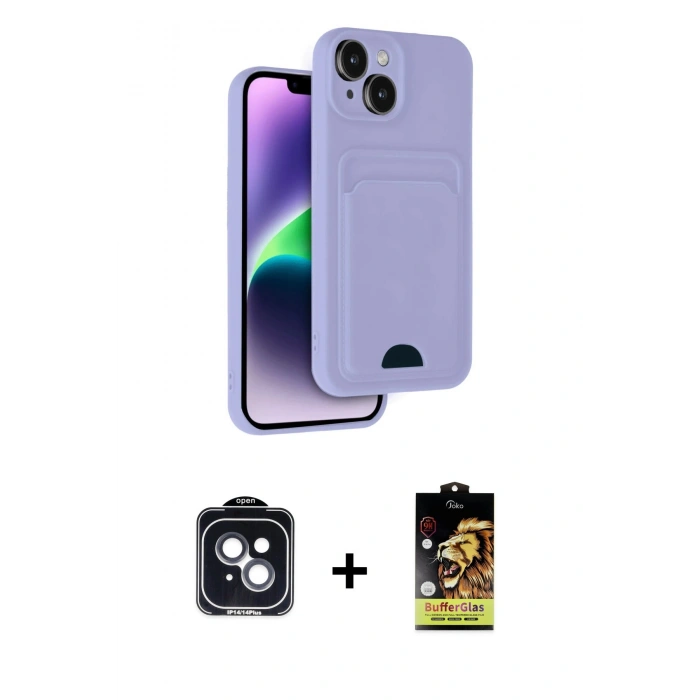 MARSİLYAN™- iPhone 14 Kılıf Vadi Çizgi Prime - Siyah Buffer Cam Ekran Koruyucu + PVD Metal Kamera Lens - SH