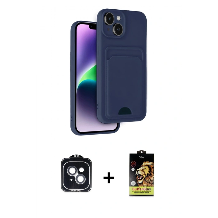 MARSİLYAN™- iPhone 14 Kılıf Vadi Çizgi Prime - Siyah Buffer Cam Ekran Koruyucu + PVD Metal Kamera Lens - SH