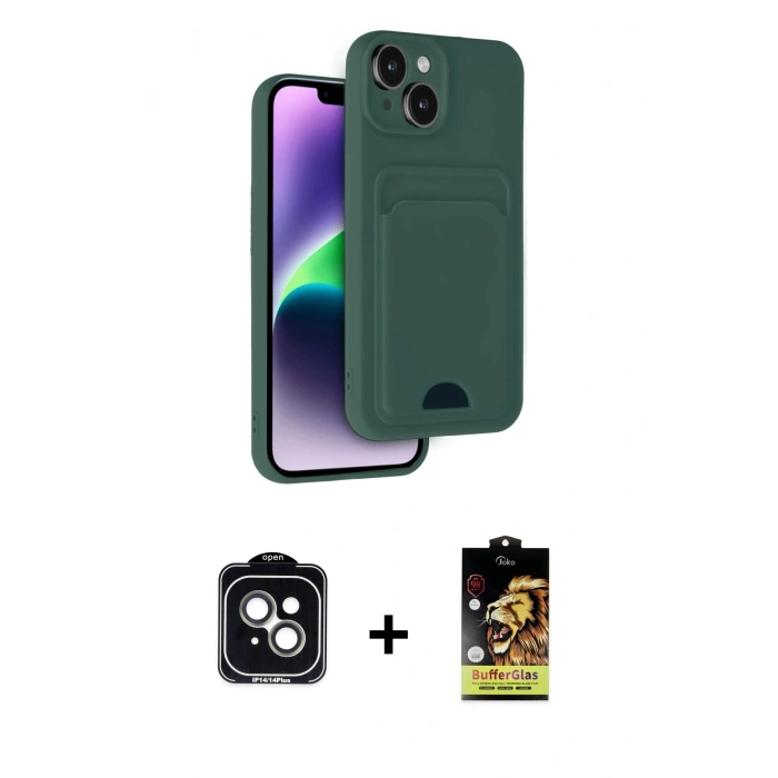 MARSİLYAN™- iPhone 14 Kılıf Vadi Çizgi Prime - Siyah Buffer Cam Ekran Koruyucu + PVD Metal Kamera Lens - YL
