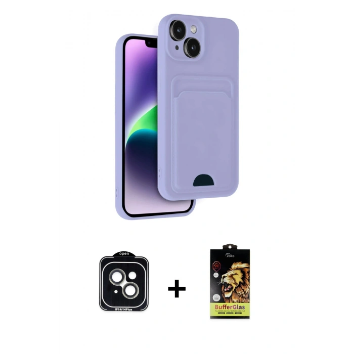 MARSİLYAN™- iPhone 14 Kılıf Vadi Çizgi Prime - Siyah Buffer Cam Ekran Koruyucu + PVD Metal Kamera Lens - YL