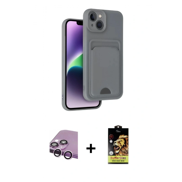 MARSİLYAN™- iPhone 14 Kılıf Vadi Çizgi Prime - Siyah Buffer Cam Ekran Koruyucu + Raze Metal Kamera Lens - MR
