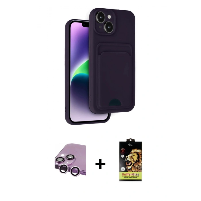 MARSİLYAN™- iPhone 14 Kılıf Vadi Çizgi Prime - Siyah Buffer Cam Ekran Koruyucu + Raze Metal Kamera Lens - MR
