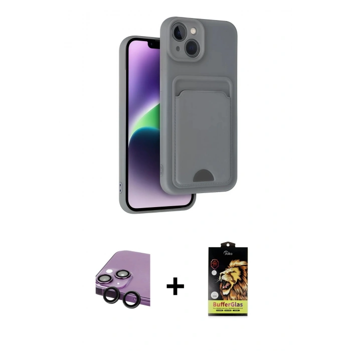 MARSİLYAN™- iPhone 14 Kılıf Vadi Çizgi Prime - Siyah Buffer Cam Ekran Koruyucu + Raze Metal Kamera Lens - SH
