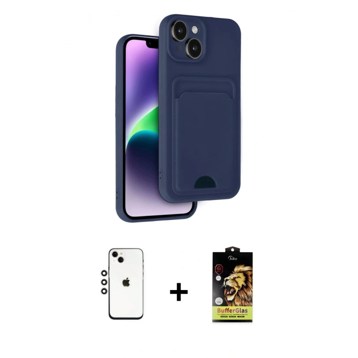 MARSİLYAN™- iPhone 14 Kılıf Vadi Çizgi Prime - Siyah Buffer Cam Ekran Koruyucu + Shine Kamera Lens - GS