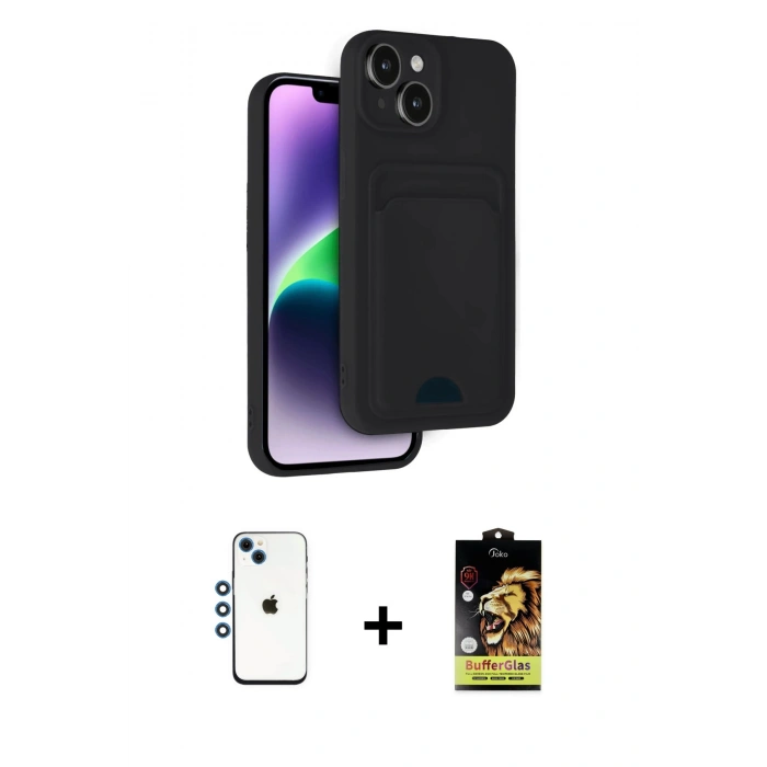 MARSİLYAN™- iPhone 14 Kılıf Vadi Çizgi Prime - Siyah Buffer Cam Ekran Koruyucu + Shine Kamera Lens - MI