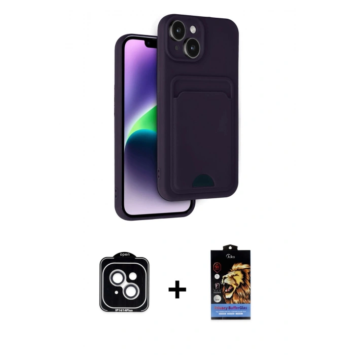 MARSİLYAN™- iPhone 14 Kılıf Vadi Çizgi Prime - Siyah Buffer Hayalet Cam Ekran Koruyucu + PVD Metal Kamera Lens - GS