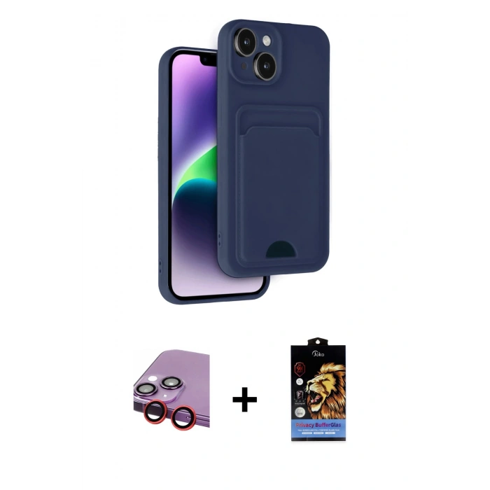 MARSİLYAN™- iPhone 14 Kılıf Vadi Çizgi Prime - Siyah Buffer Hayalet Cam Ekran Koruyucu + Kırmızı Raze Metal Kamera Lens