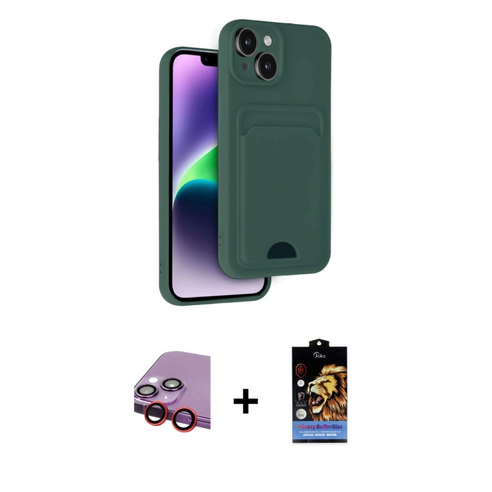 MARSİLYAN™- iPhone 14 Kılıf Vadi Çizgi Prime - Siyah Buffer Hayalet Cam Ekran Koruyucu + Kırmızı Raze Metal Kamera Lens