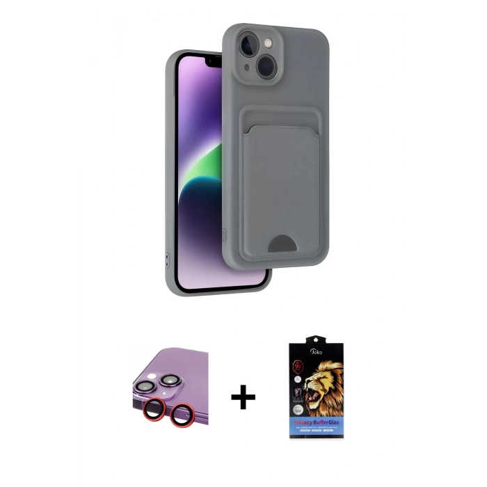 MARSİLYAN™- iPhone 14 Kılıf Vadi Çizgi Prime - Siyah Buffer Hayalet Cam Ekran Koruyucu + Kırmızı Raze Metal Kamera Lens