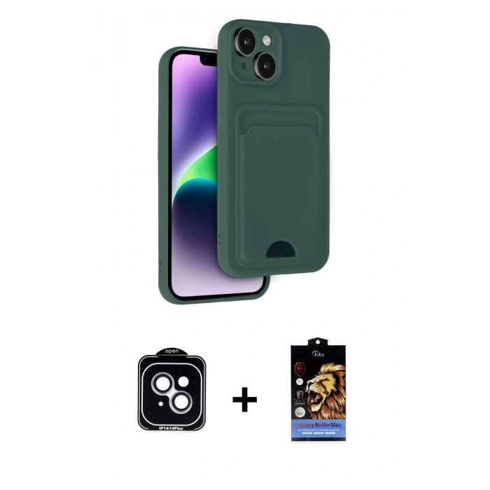 MARSİLYAN™- iPhone 14 Kılıf Vadi Çizgi Prime - Siyah Buffer Hayalet Cam Ekran Koruyucu + PVD Metal Kamera Lens - MI