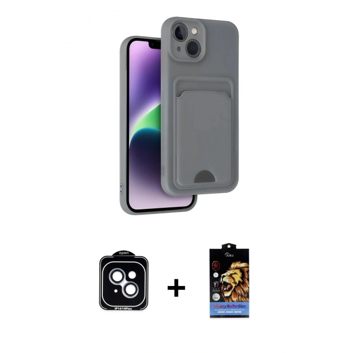 MARSİLYAN™- iPhone 14 Kılıf Vadi Çizgi Prime - Siyah Buffer Hayalet Cam Ekran Koruyucu + PVD Metal Kamera Lens - MI