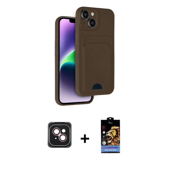 MARSİLYAN™- iPhone 14 Kılıf Vadi Çizgi Prime - Siyah Buffer Hayalet Cam Ekran Koruyucu + PVD Metal Kamera Lens - PE