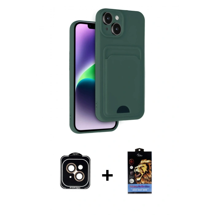 MARSİLYAN™- iPhone 14 Kılıf Vadi Çizgi Prime - Siyah Buffer Hayalet Cam Ekran Koruyucu + PVD Metal Kamera Lens - TU