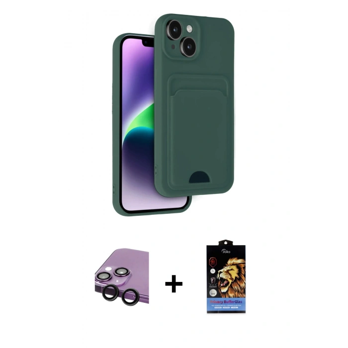 MARSİLYAN™- iPhone 14 Kılıf Vadi Çizgi Prime - Siyah Buffer Hayalet Cam Ekran Koruyucu + Raze Metal Kamera Lens - SH