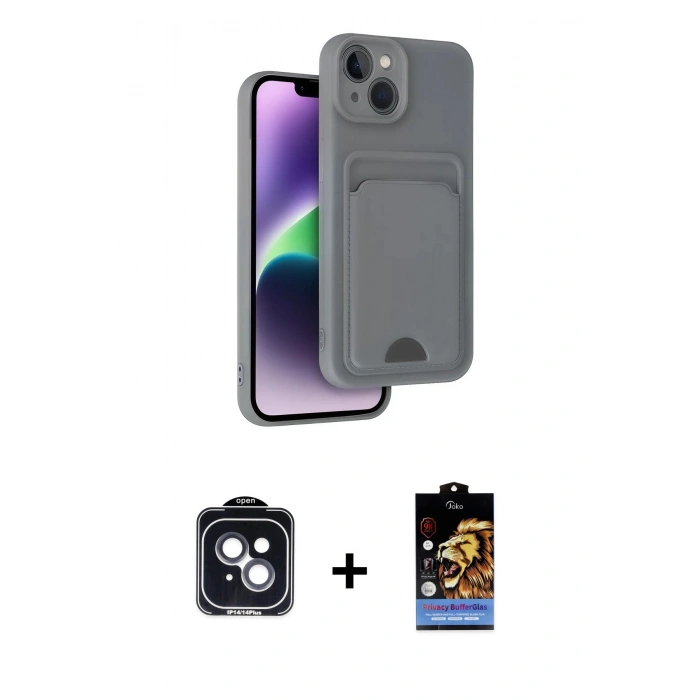 MARSİLYAN™- iPhone 14 Kılıf Vadi Çizgi Prime - Siyah Buffer Hayalet Cam Ekran Koruyucu + PVD Metal Kamera Lens - SH
