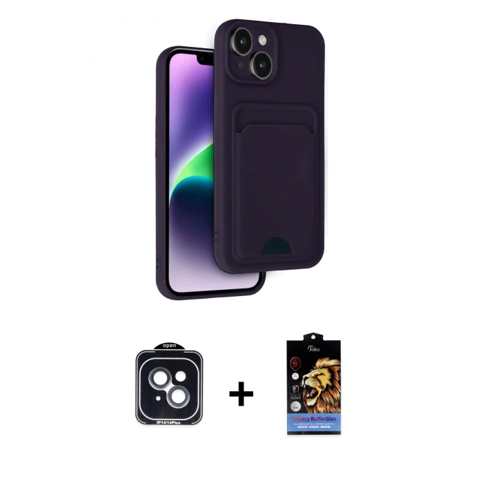MARSİLYAN™- iPhone 14 Kılıf Vadi Çizgi Prime - Siyah Buffer Hayalet Cam Ekran Koruyucu + PVD Metal Kamera Lens - SH