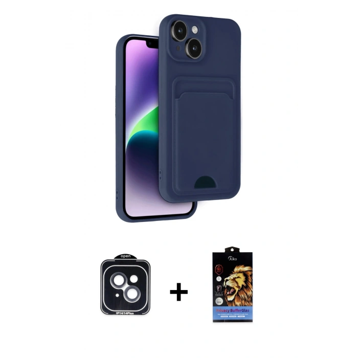MARSİLYAN™- iPhone 14 Kılıf Vadi Çizgi Prime - Siyah Buffer Hayalet Cam Ekran Koruyucu + PVD Metal Kamera Lens - SH
