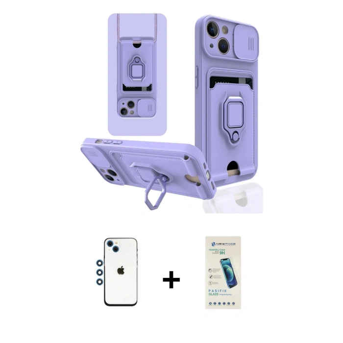 MARSİLYAN™- iPhone 14 Kılıf Vadi Form Prime - Şeffaf Pasifik Cam Ekran Koruyucu + Mavi Shine Kamera Lens