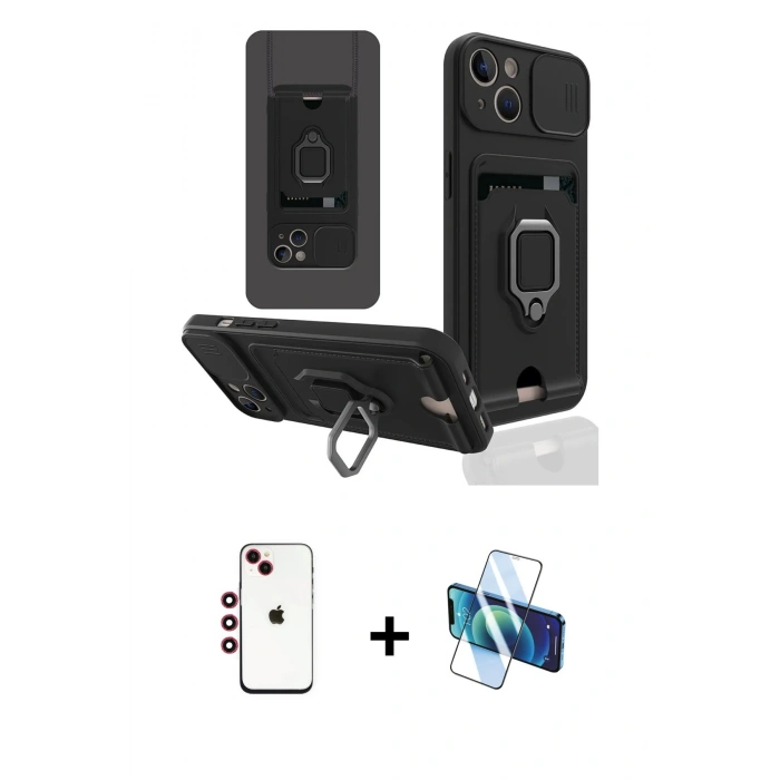 MARSİLYAN™- iPhone 14 Kılıf Vadi Form Prime - Siyah 3D Antistatik Cam Ekran Koruyucu + Shine Kamera Lens - KI