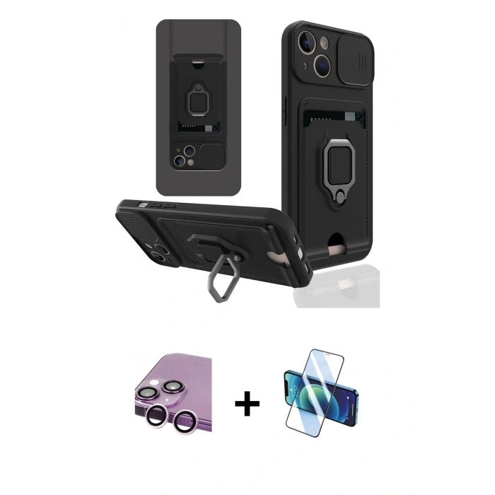 MARSİLYAN™- iPhone 14 Kılıf Vadi Form Prime - Siyah 3D Antistatik Cam Ekran Koruyucu + Raze Metal Kamera Lens - MR