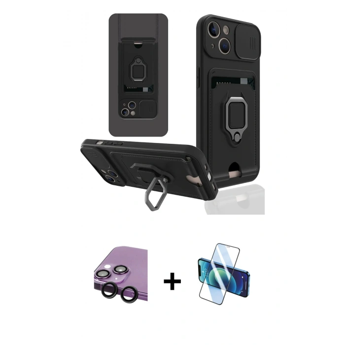 MARSİLYAN™- iPhone 14 Kılıf Vadi Form Prime - Siyah 3D Antistatik Cam Ekran Koruyucu + Raze Metal Kamera Lens - SH