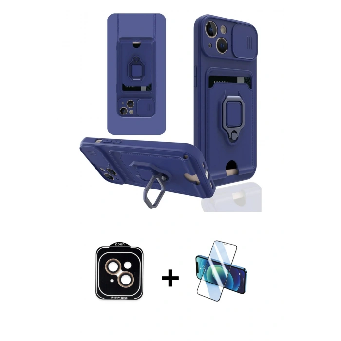 MARSİLYAN™- iPhone 14 Kılıf Vadi Form Prime - Siyah 3D Antistatik Cam Ekran Koruyucu + PVD Metal Kamera Lens - TU