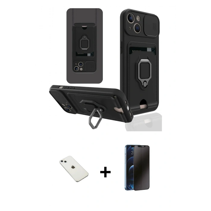 MARSİLYAN™- iPhone 14 Kılıf Vadi Form Prime - Siyah 3D Antistatik Hayalet Cam Ekran Koruyucu + Diamond Kamera Lens - SABE