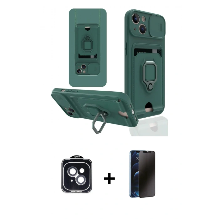 MARSİLYAN™- iPhone 14 Kılıf Vadi Form Prime - Siyah 3D Antistatik Hayalet Cam Ekran Koruyucu + PVD Metal Kamera Lens - SH