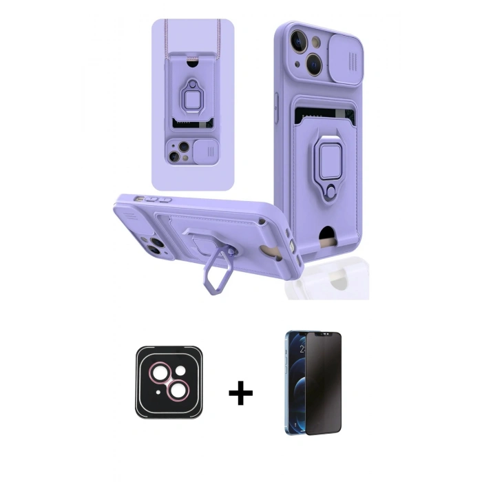 MARSİLYAN™- iPhone 14 Kılıf Vadi Form Prime - Siyah 3D Antistatik Hayalet Cam Ekran Koruyucu + PVD Metal Kamera Lens - PE