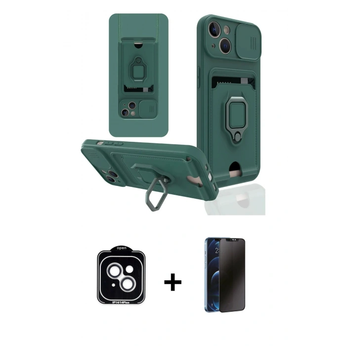 MARSİLYAN™- iPhone 14 Kılıf Vadi Form Prime - Siyah 3D Antistatik Hayalet Cam Ekran Koruyucu + PVD Metal Kamera Lens - GS
