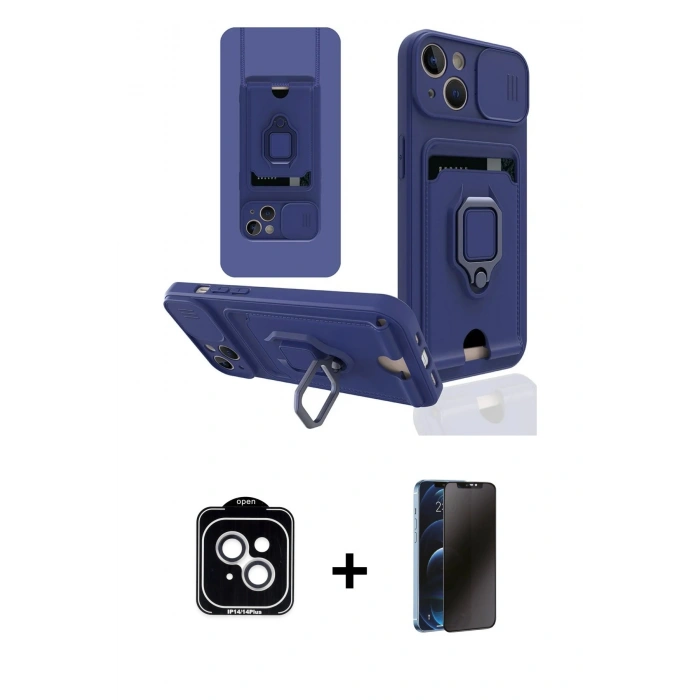 MARSİLYAN™- iPhone 14 Kılıf Vadi Form Prime - Siyah 3D Antistatik Hayalet Cam Ekran Koruyucu + PVD Metal Kamera Lens - GS