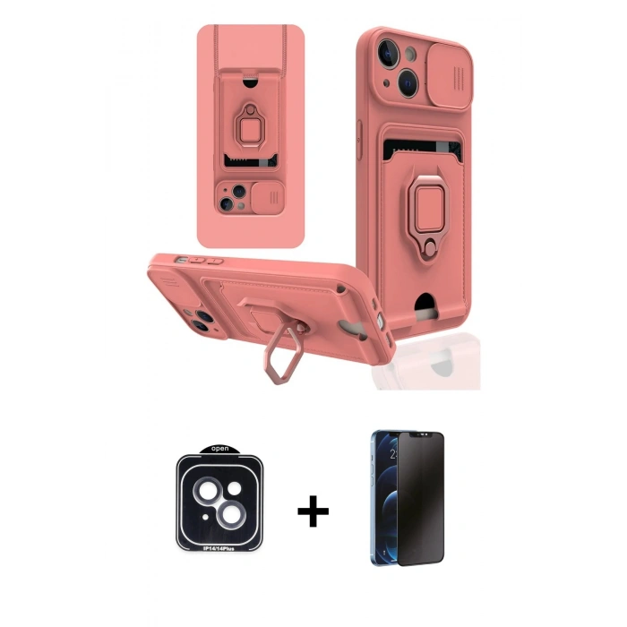 MARSİLYAN™- iPhone 14 Kılıf Vadi Form Prime - Siyah 3D Antistatik Hayalet Cam Ekran Koruyucu + PVD Metal Kamera Lens - SH