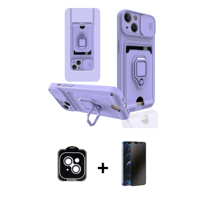 MARSİLYAN™- iPhone 14 Kılıf Vadi Form Prime - Siyah 3D Antistatik Hayalet Cam Ekran Koruyucu + PVD Metal Kamera Lens - GS